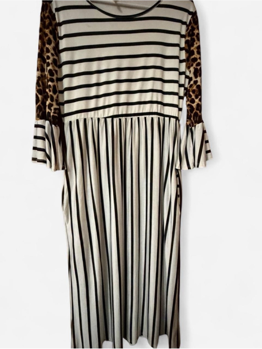 Bellamie Black and Cream Striped Long Sleeve Dress with Leopard Sleeve Detail